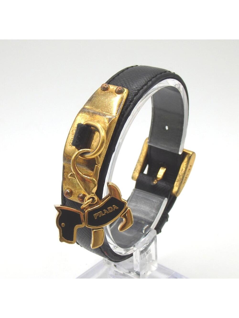 Prada Black Leather Bracelet with Gold Tone Dog Charm